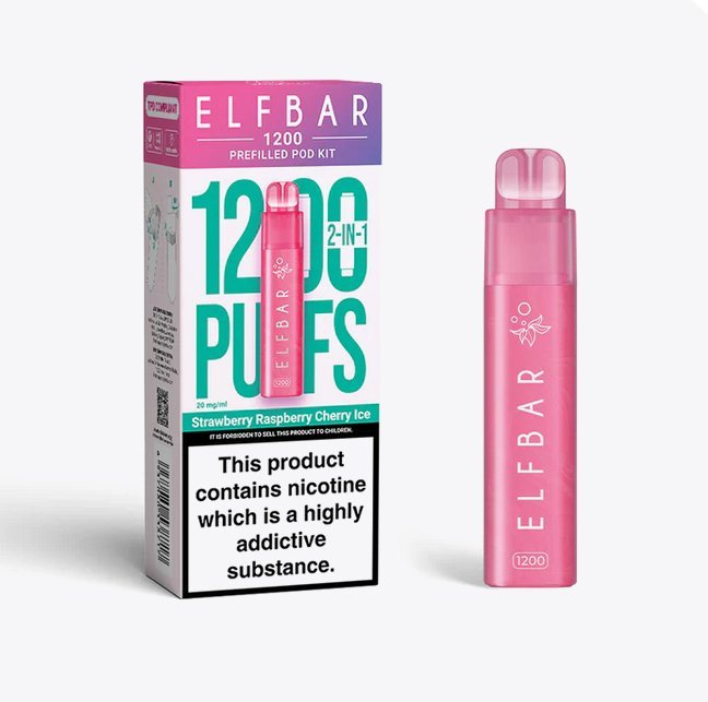 2 in 1 Elfbar 1200 Puffs Prefilled Pod Kit - Box of 5 available in Strawberry Raspberry Cherry Ice Flavour at UK Vaper Wholesale