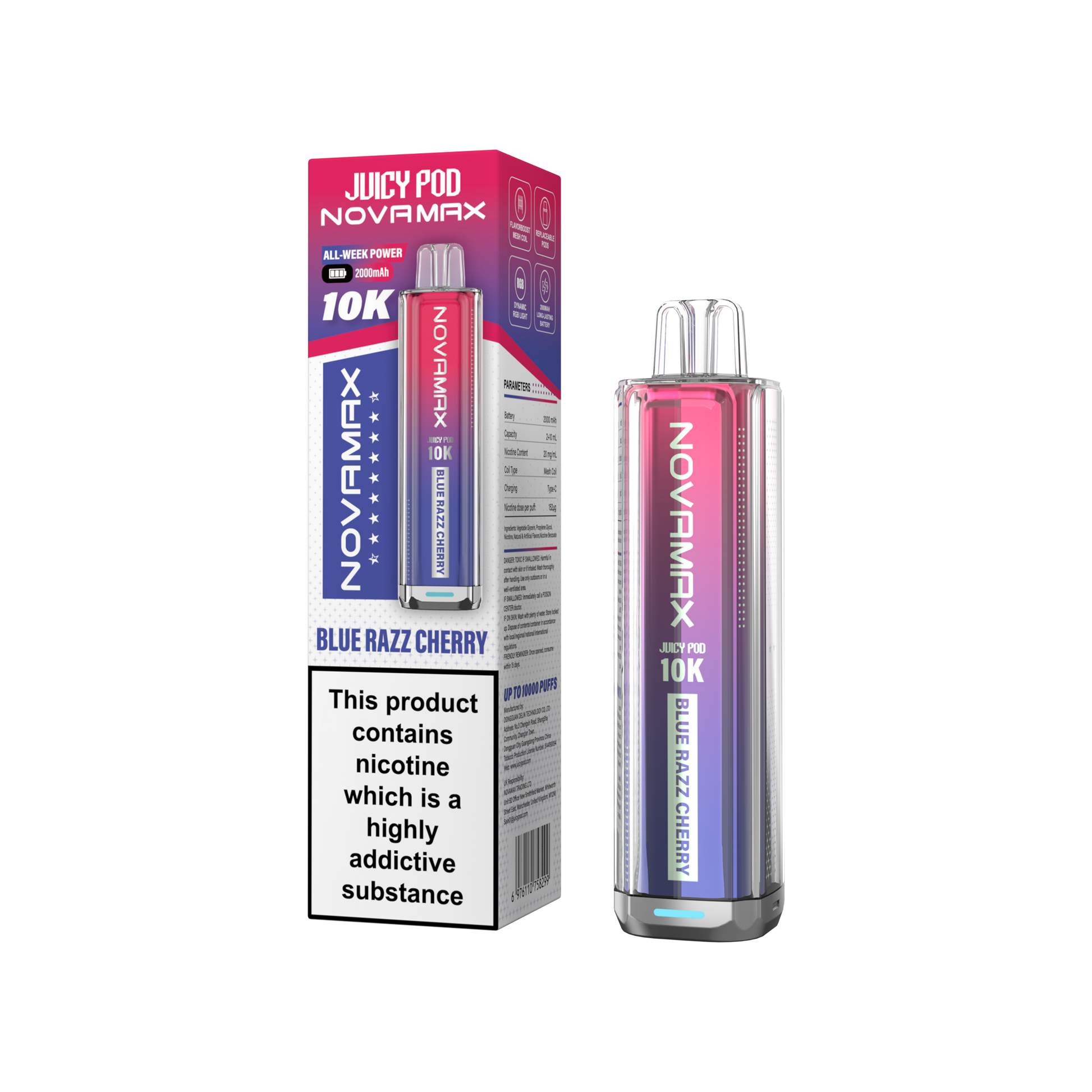 Juicy Pod Novamax 10k Prefilled Pod Vape Kit - Pack of 5 available in Blue Razz Cherry Flavour at UK Vaper Wholesale