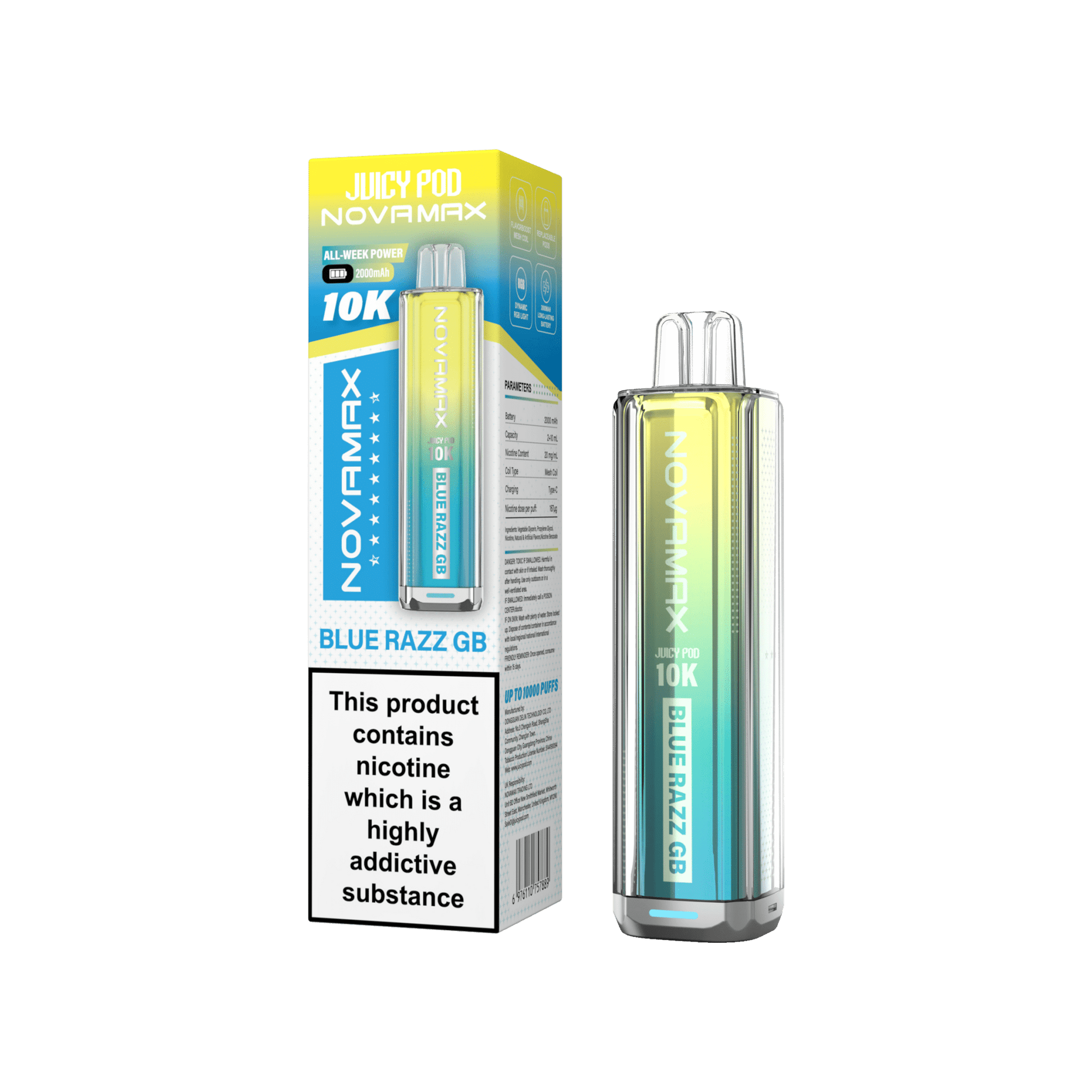 Juicy Pod Novamax 10k Prefilled Pod Vape Kit - Pack of 5 available in Blue Razz GB Flavour at UK Vaper Wholesale