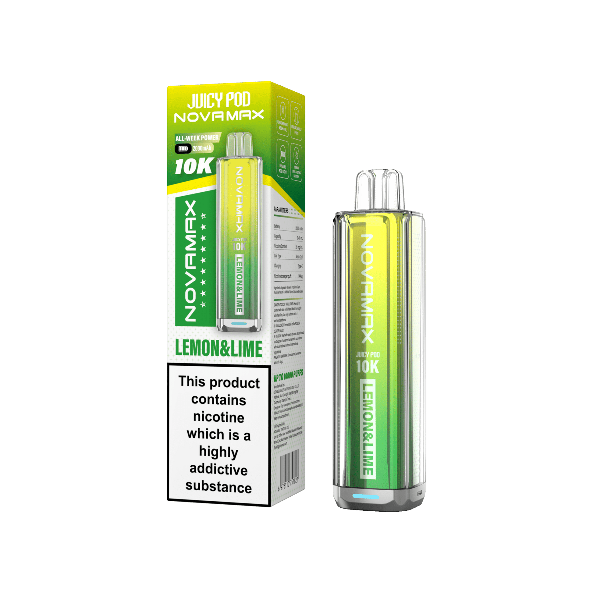 Juicy Pod Novamax 10k Prefilled Pod Vape Kit - Pack of 5 available in Lemon & Lime Flavour at UK Vaper Wholesale