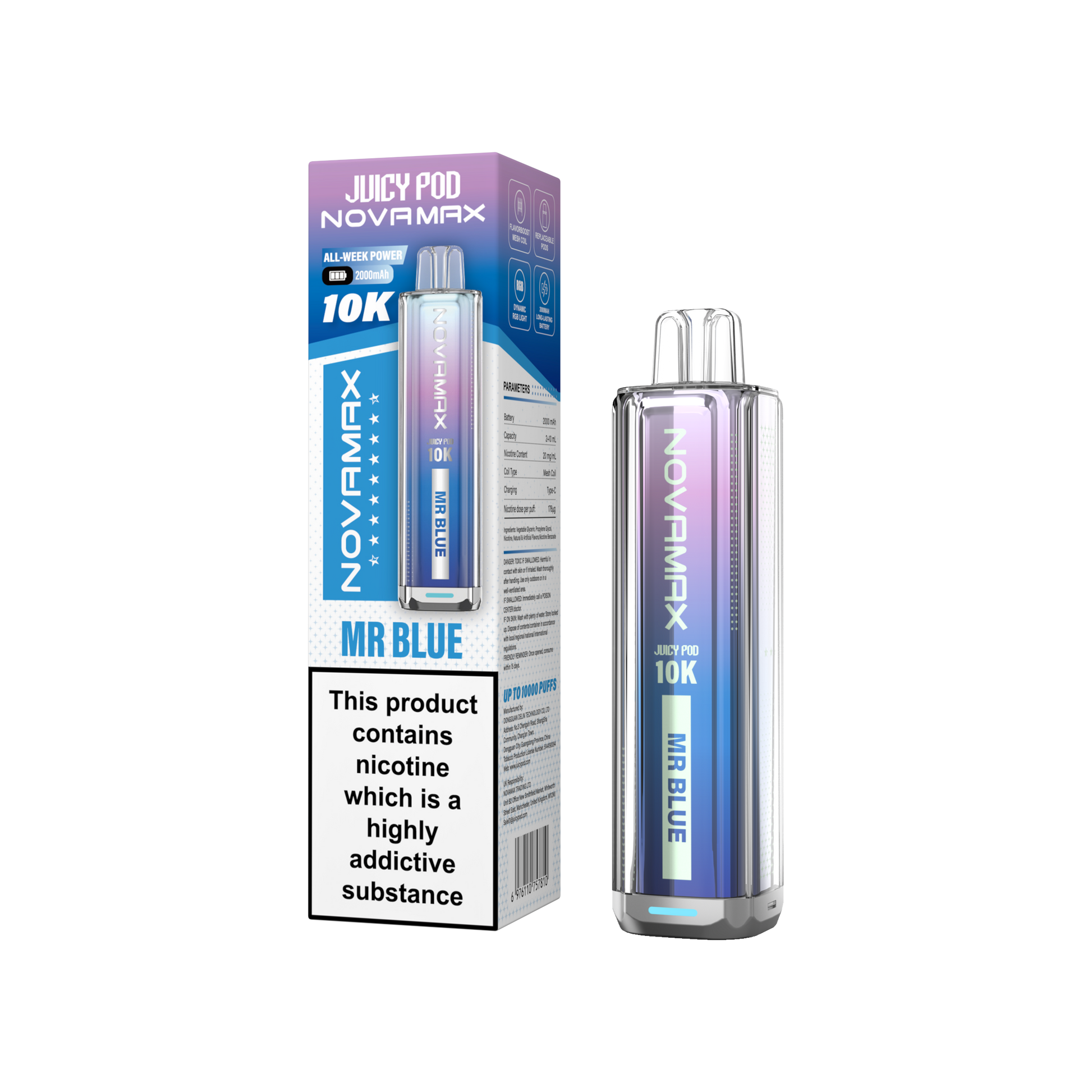 Juicy Pod Novamax 10k Prefilled Pod Vape Kit - Pack of 5 available in Mr Blue Flavour at UK Vaper Wholesale