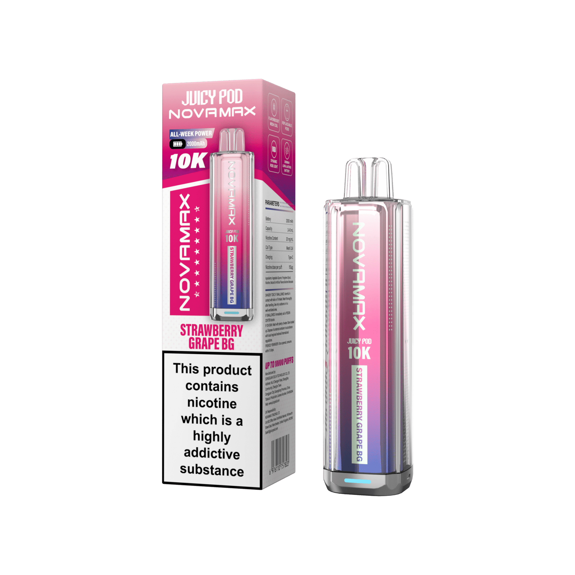 Juicy Pod Novamax 10k Prefilled Pod Vape Kit - Pack of 5 available in Strawberry Grape Flavour at UK Vaper Wholesale