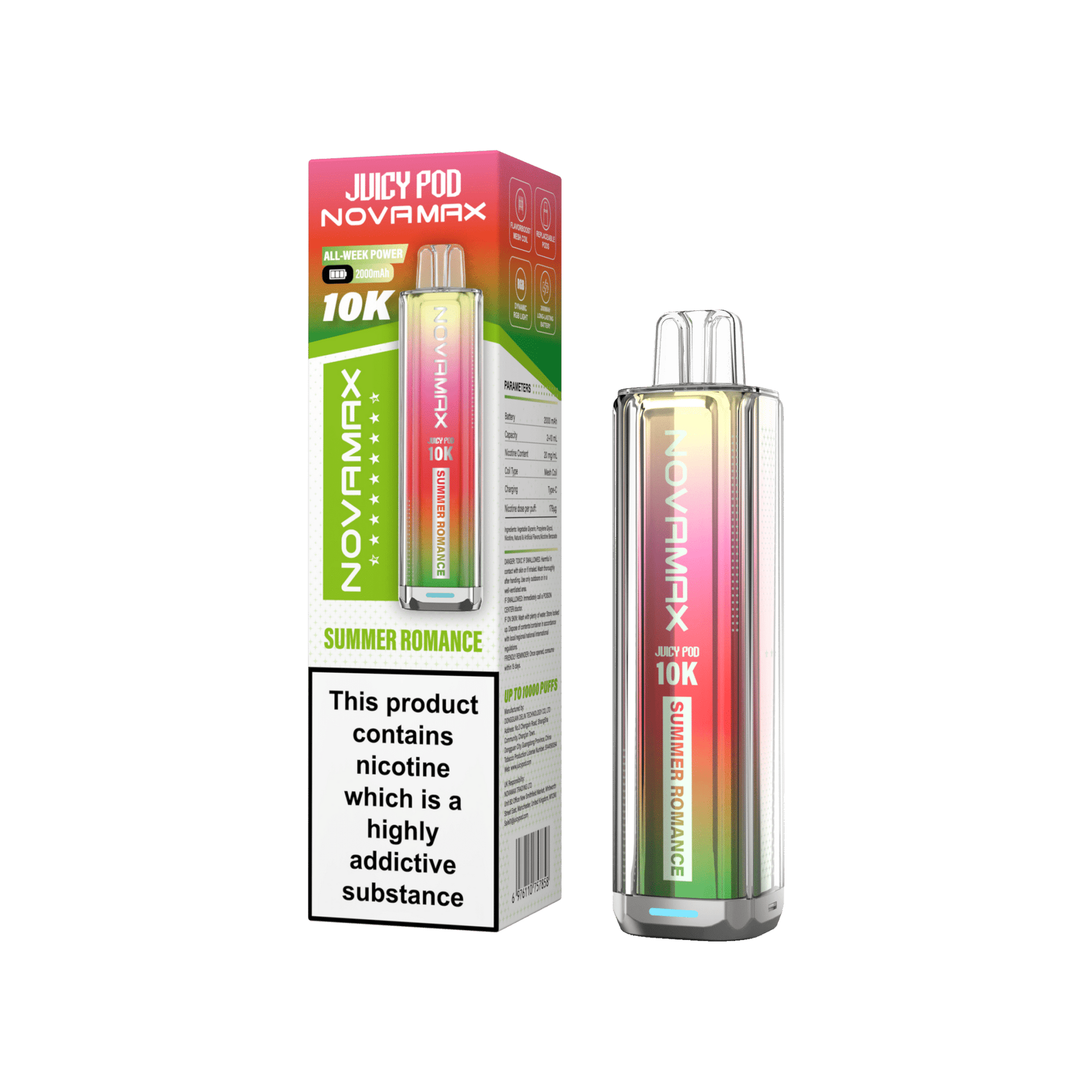 Juicy Pod Novamax 10k Prefilled Pod Vape Kit - Pack of 5 available in Summer Romance Flavour at UK Vaper Wholesale