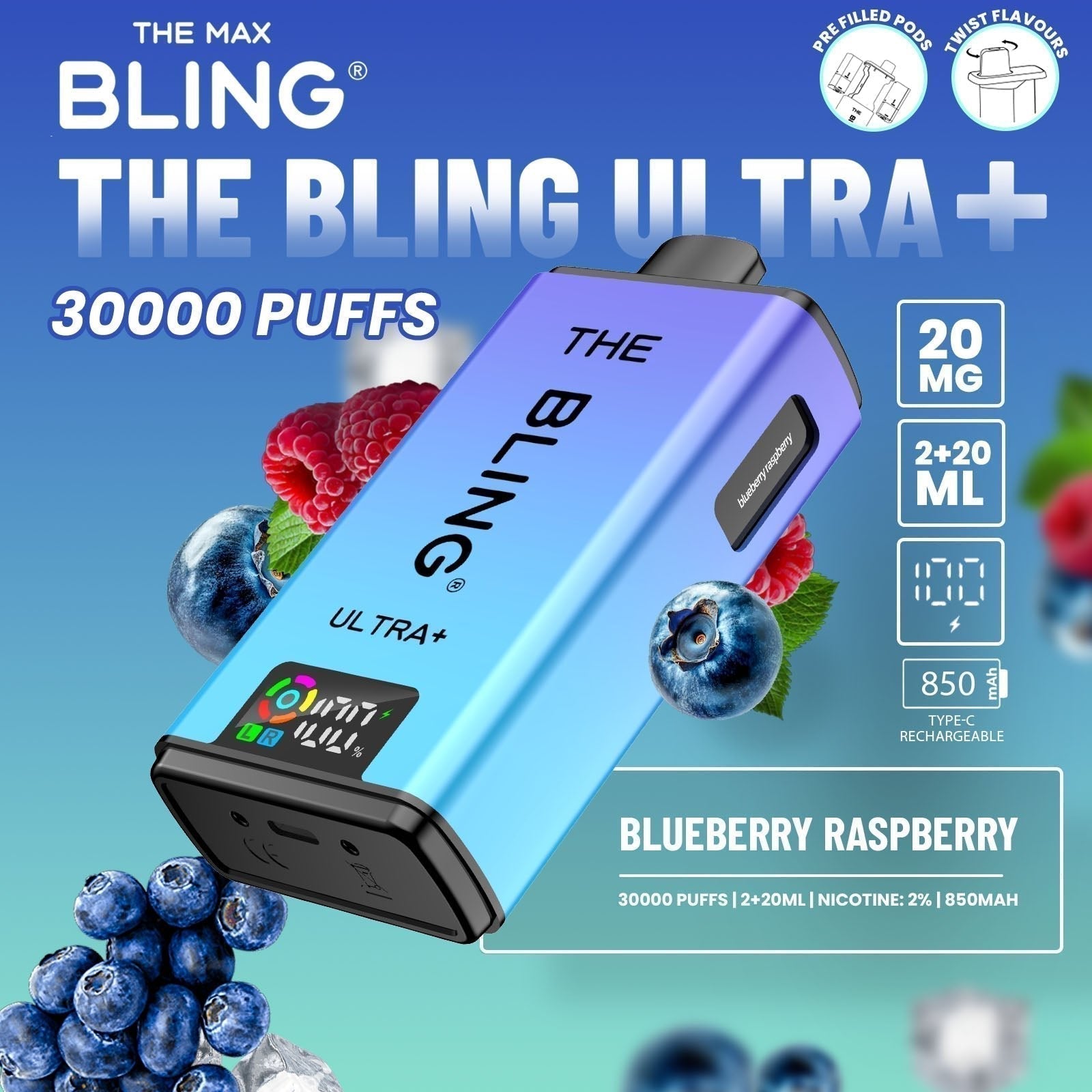 The Bling Ultra Plus 30k Prefilled Vape Pod Kit Box of 5 available in Blueberry Raspberry Flavour at UK Vaper Wholesale