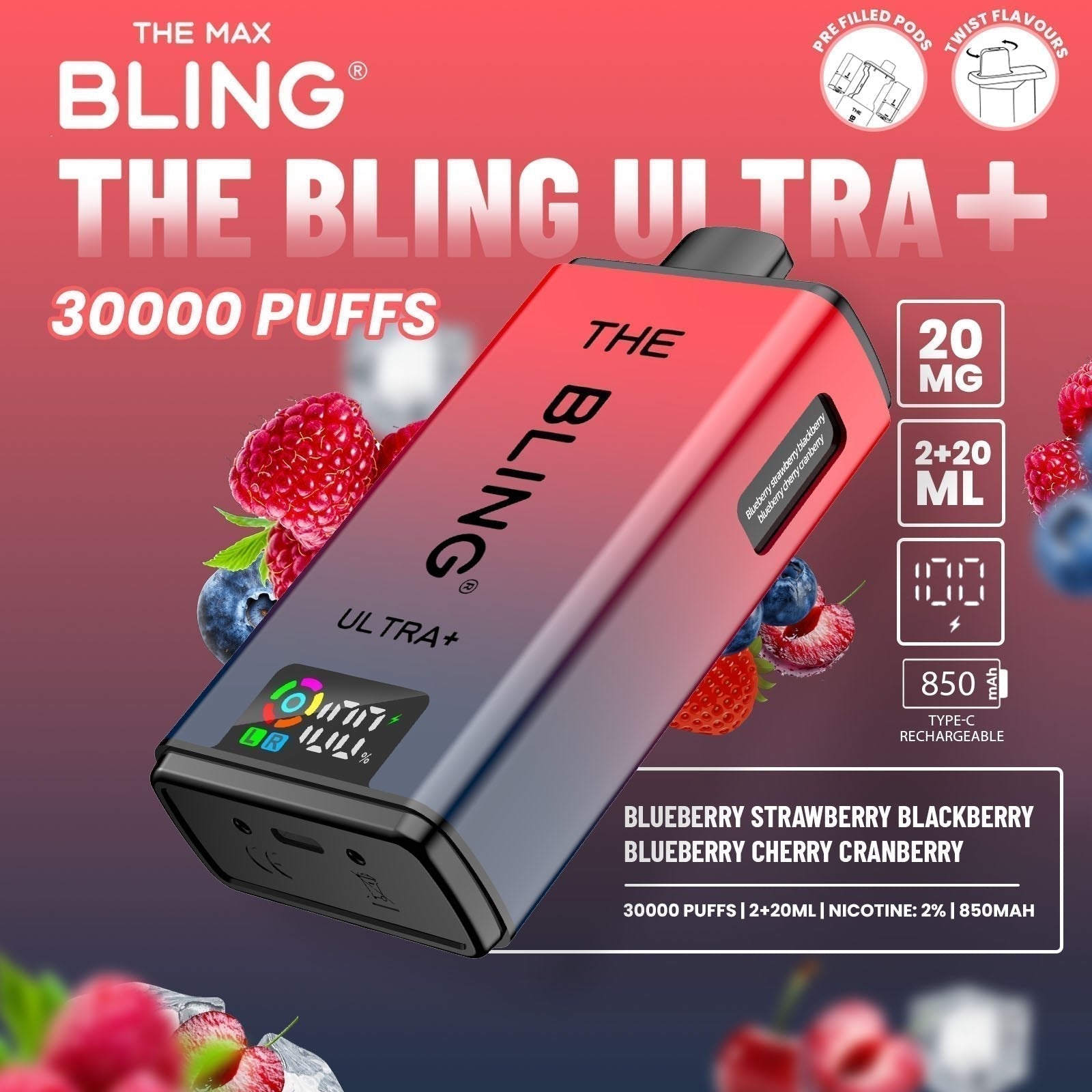 The Bling Ultra Plus 30k Prefilled Vape Pod Kit Box of 5 available in Blueberry Strawberry Blackberry Blueberry Cherry Cranberry Flavour at UK Vaper Wholesale