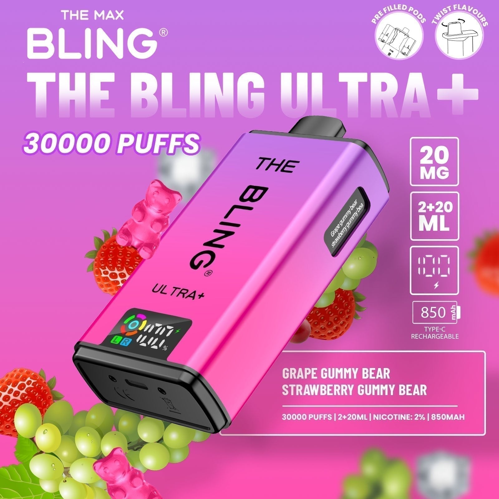 The Bling Ultra Plus 30k Prefilled Vape Pod Kit Box of 5 available in Grape Gummy Bear Strawberry Gummy Bear Flavour at UK Vaper Wholesale